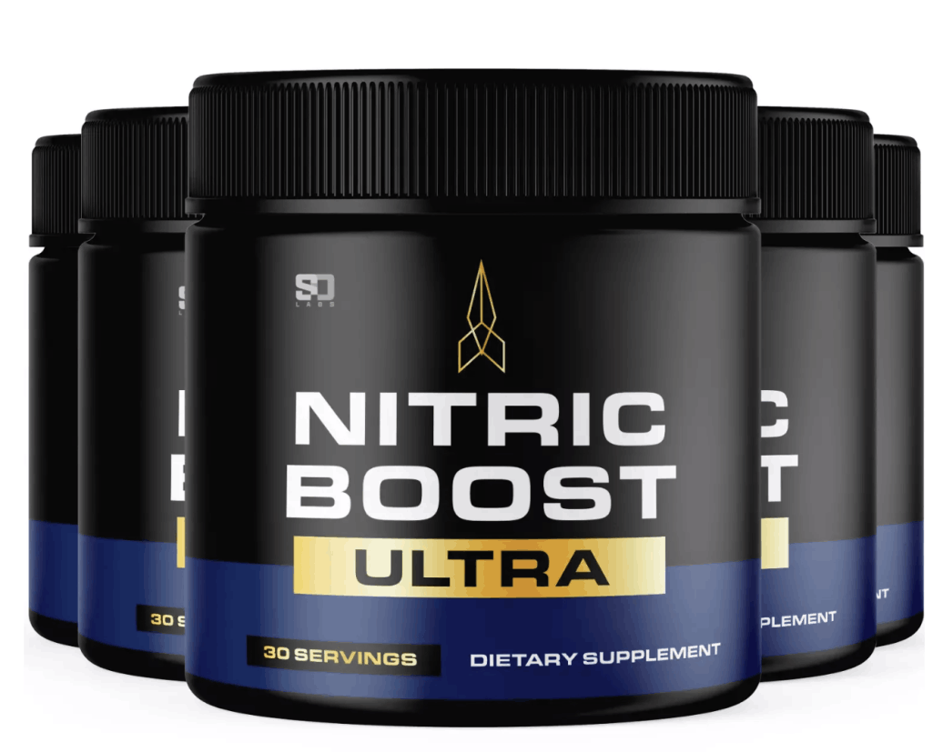 Nitric Boost Ultra supplement jars grouped together showing the gold and navy label design