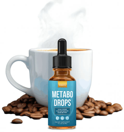 MetaboDrop liquid dietary supplement dropper bottle beside a cup of coffee
