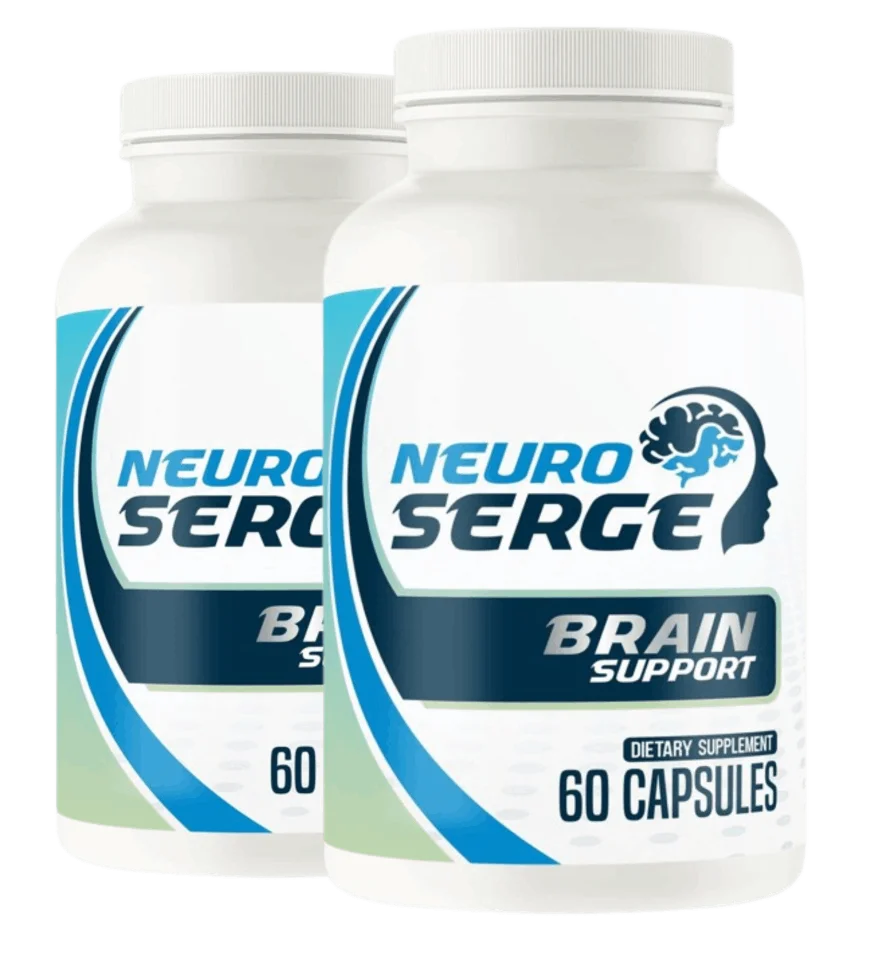 Two Neuro Serge brain support supplement bottles, 60 capsules each